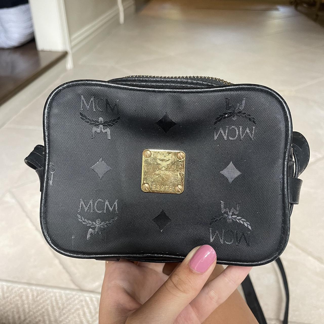 Pink/Gold MCM backpack, signs of wear evident inside - Depop