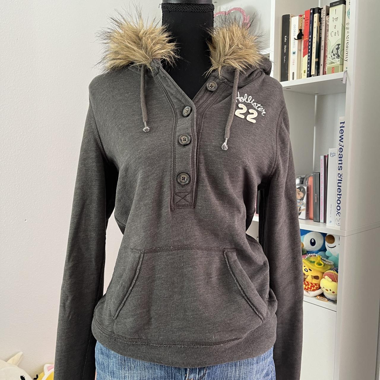 Rare gray hollister fur trim button up hoodie with Depop