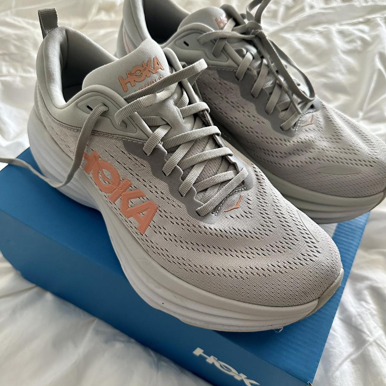 Hoka One One Women's Grey and Pink Trainers Depop