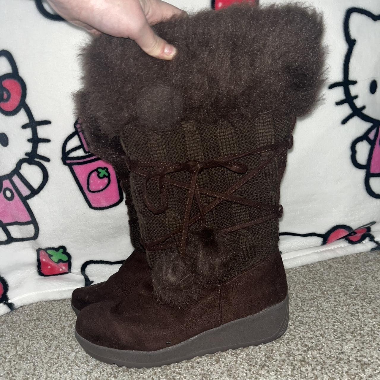 Brown furry boots with Pom poms and a little bit of... - Depop