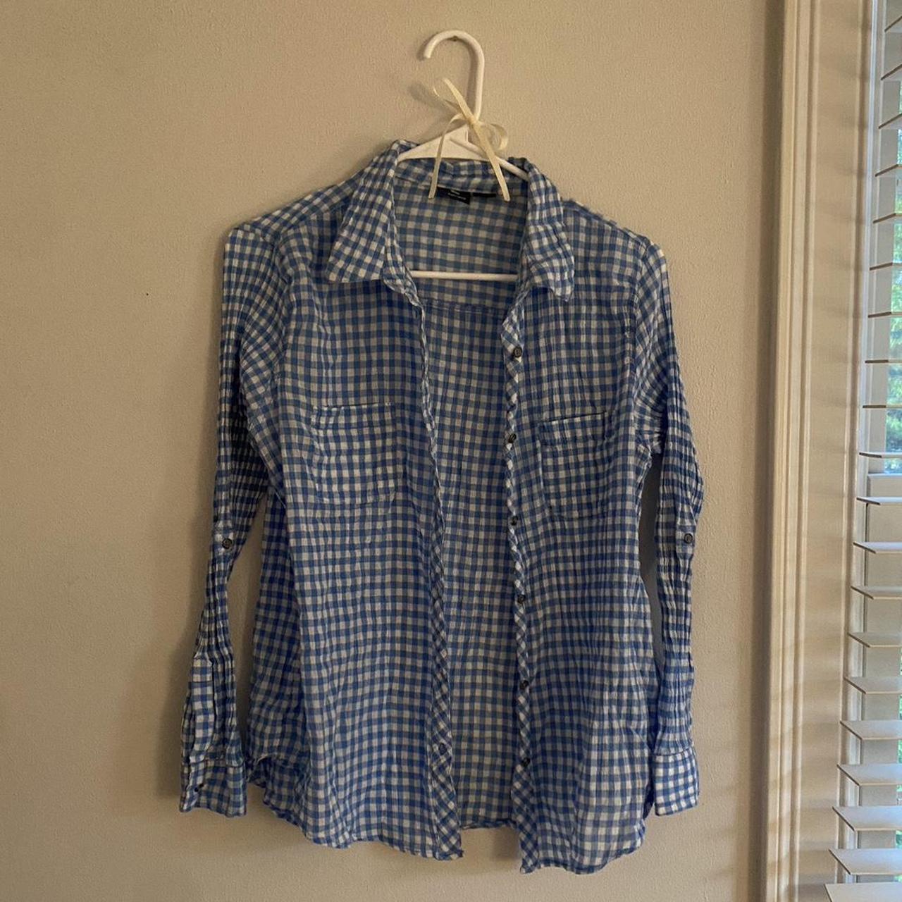 Basic Editions Women's Blue and White Blouse | Depop