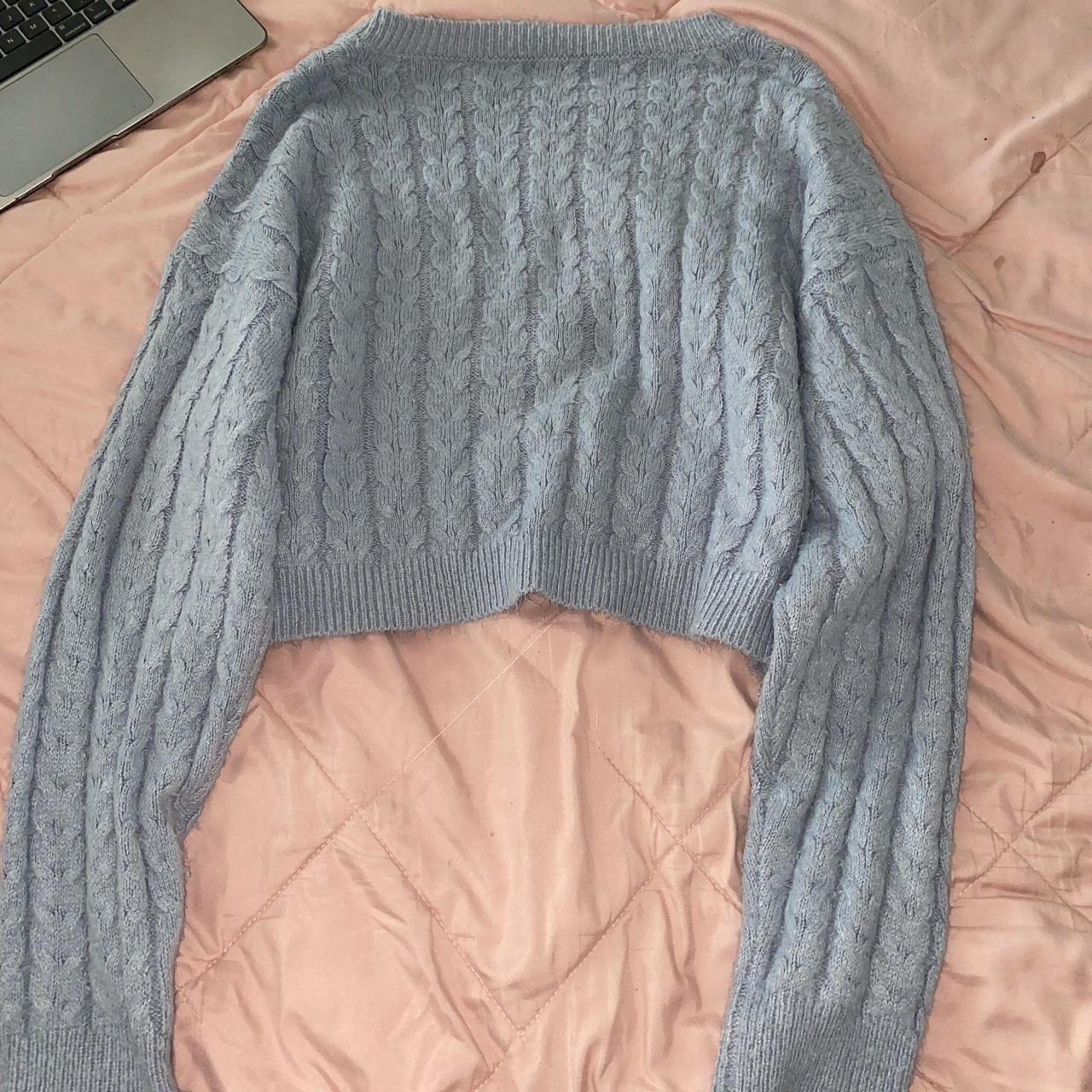 Cute Baby Blue Cable Knit Cropped Sweater Size is L... Depop