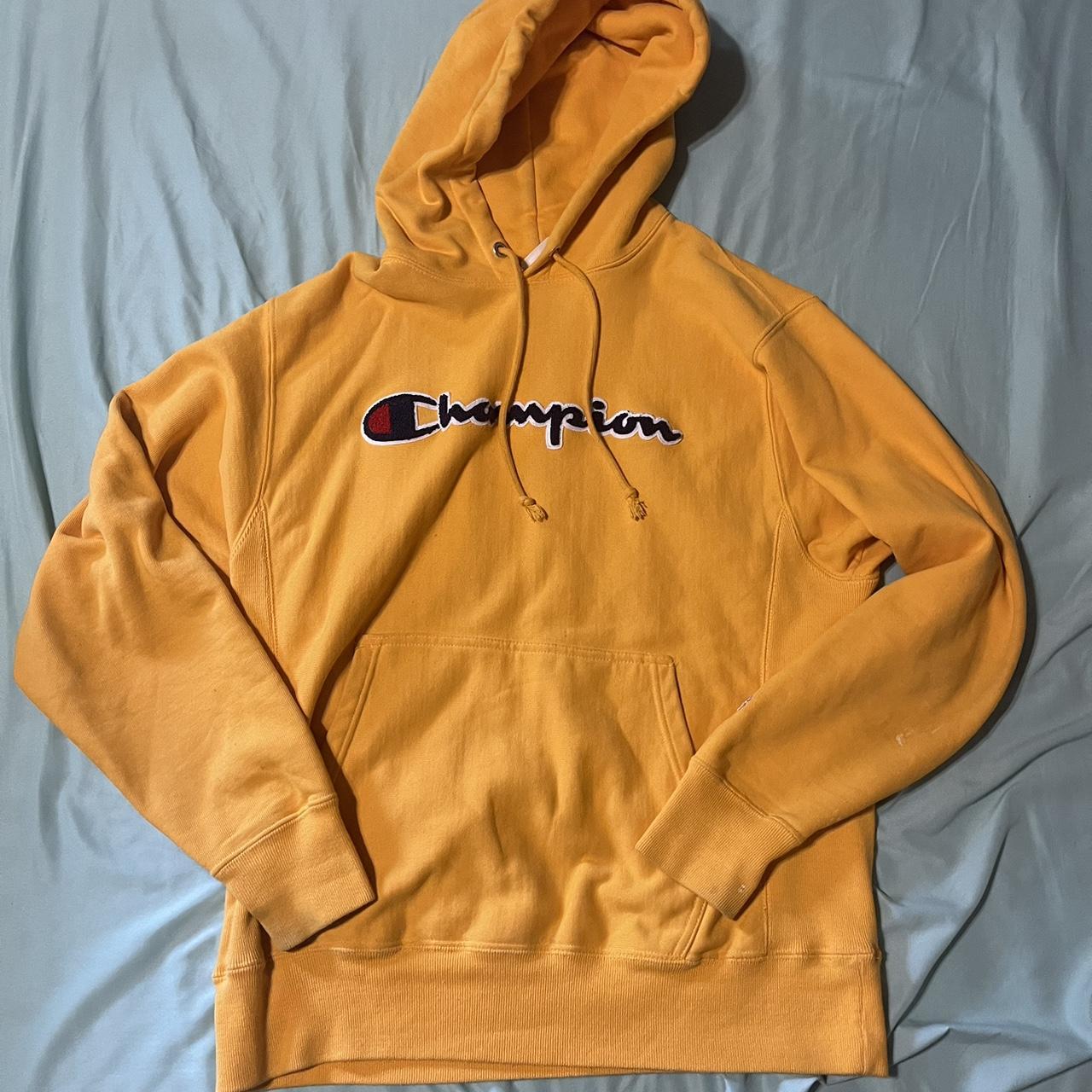 Golden yellow champion hoodie with embroidered... - Depop