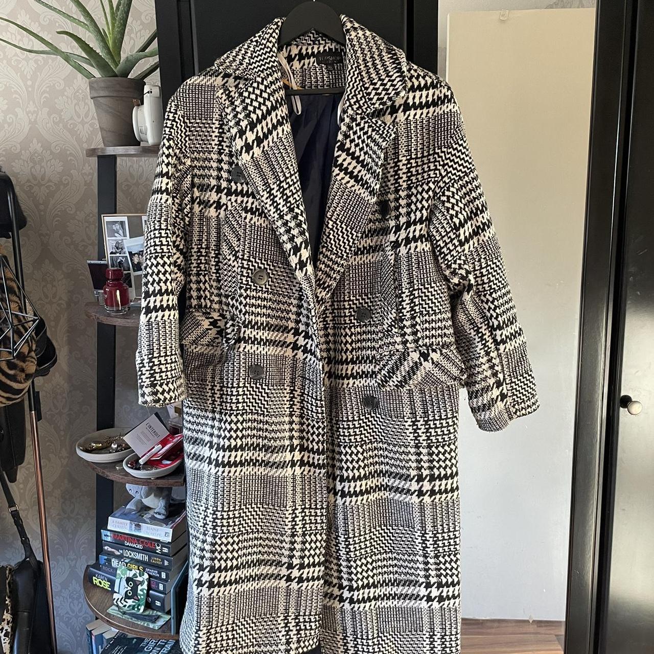Topshop oversized checked long overcoat Size 8... - Depop