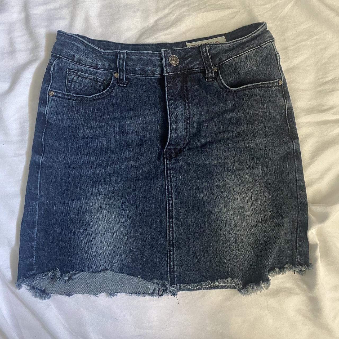 dark wash denim mini skirt! waist across is 11 in... - Depop