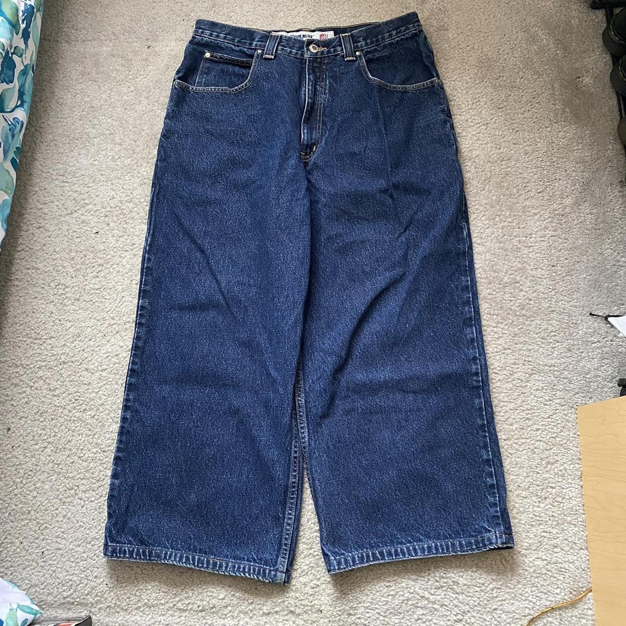 vintage anchor blue huge jeans barely worn and... - Depop
