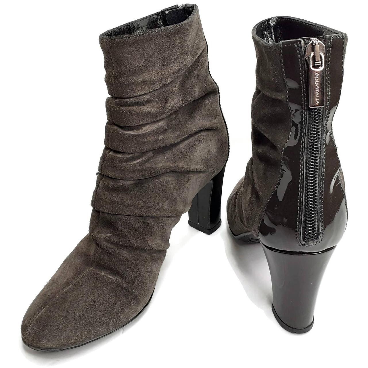 Aquatalia Suede Pleated Ankle Boots Patent Heels Zip