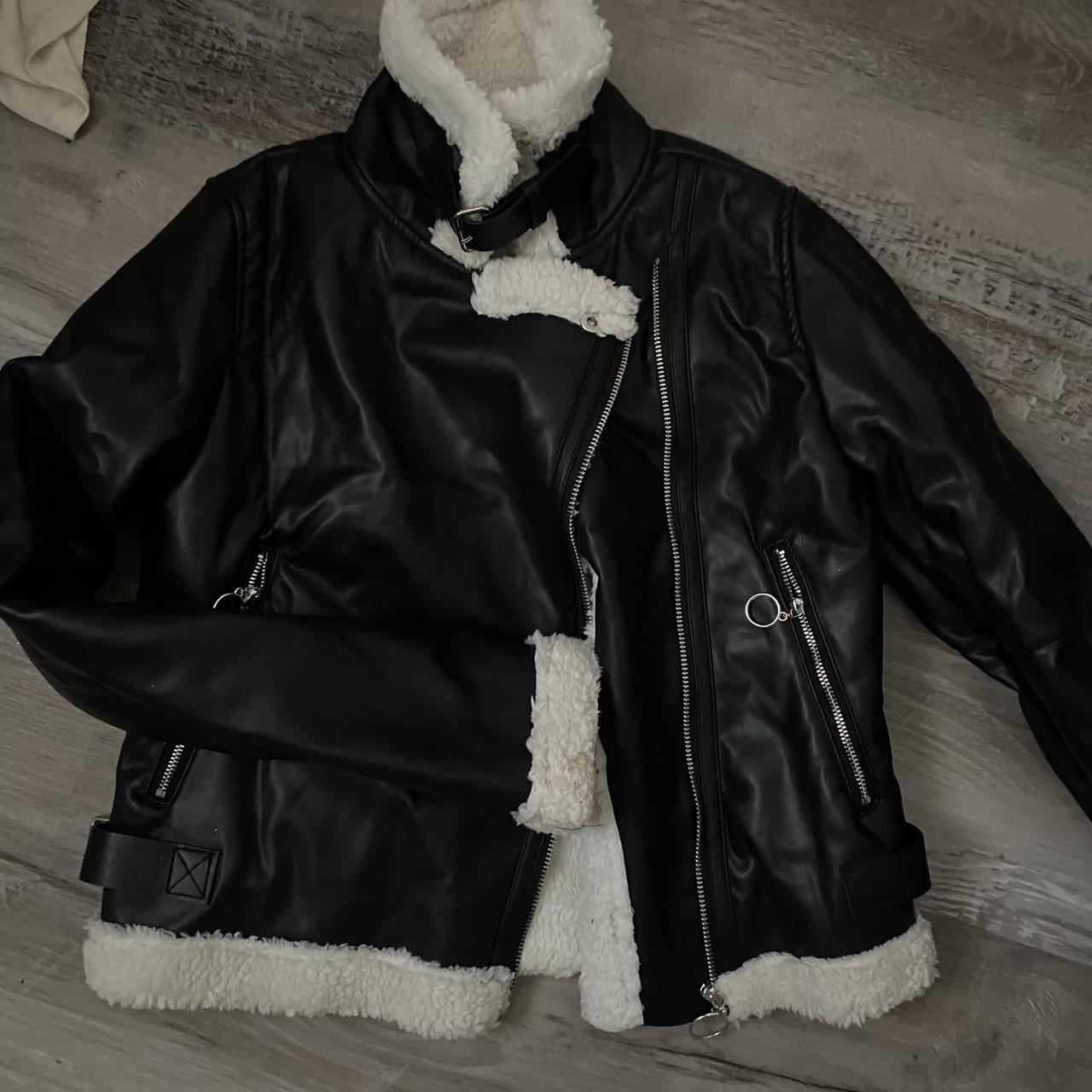 Black and white teddy/faux leather jacket size S - Depop