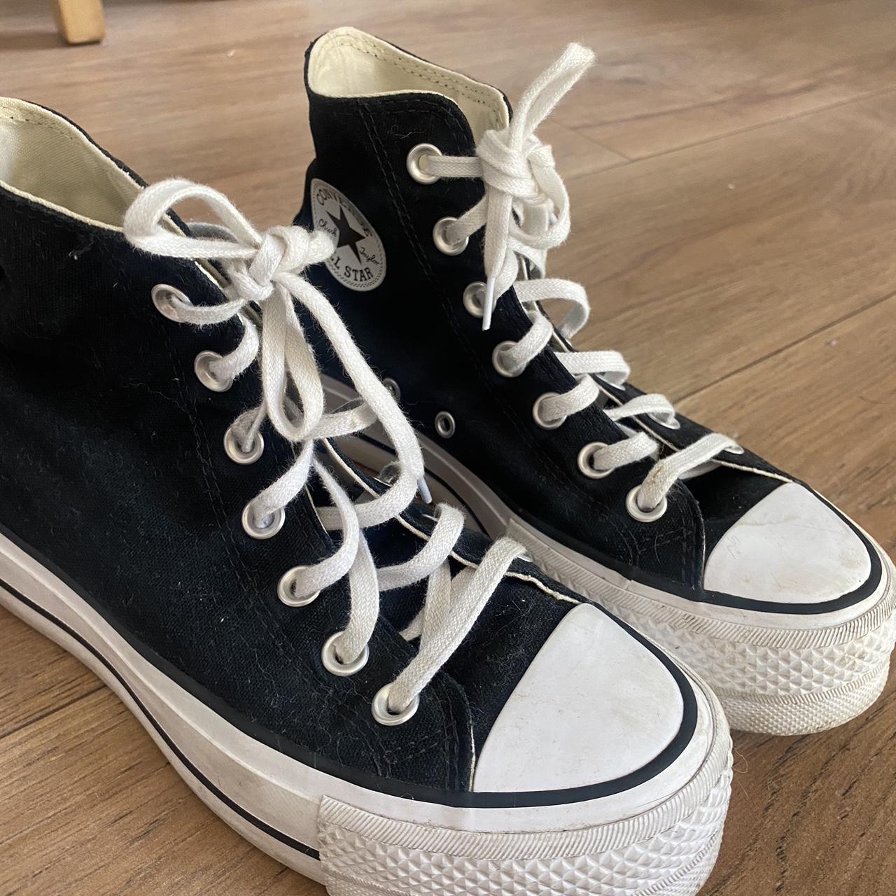 Black and white high top platform converse, size... - Depop