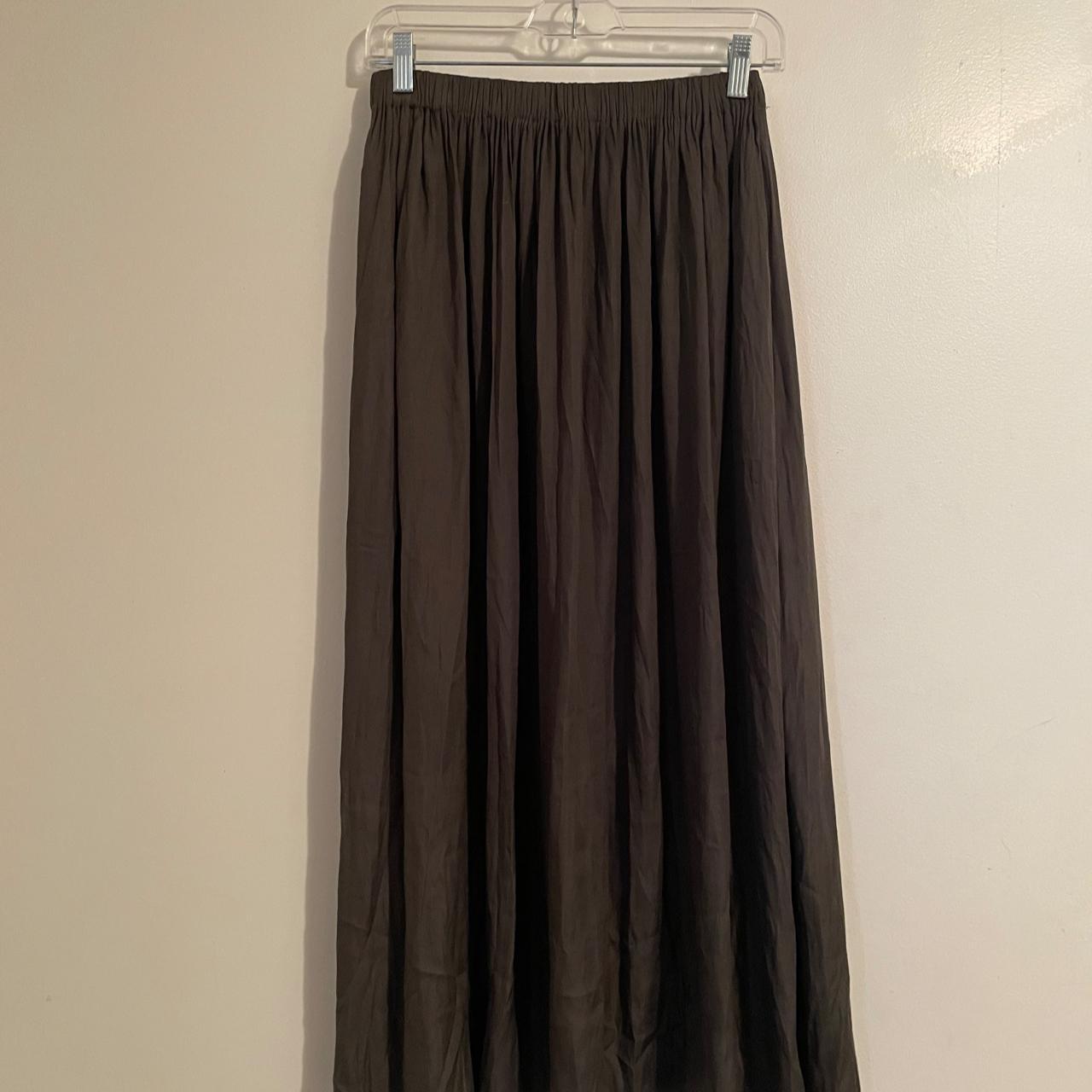 Olive green maxi skirt. Silky fabric with a slit on... - Depop