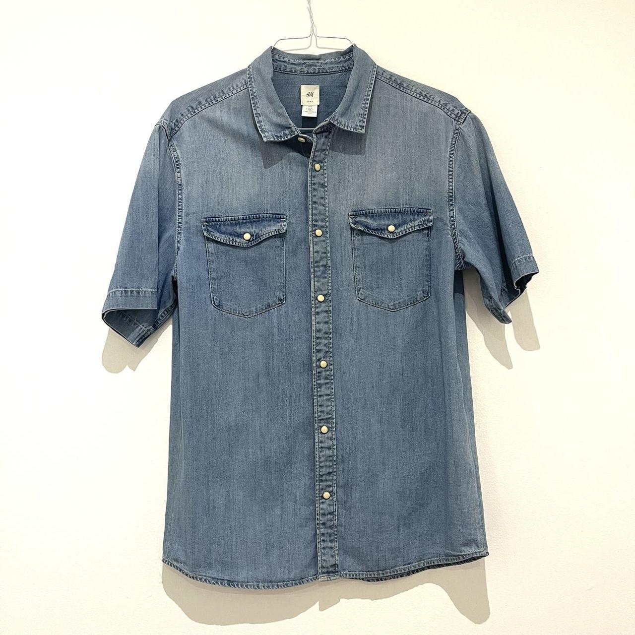 H&M light denim button up short-sleeve shirt size large - Depop