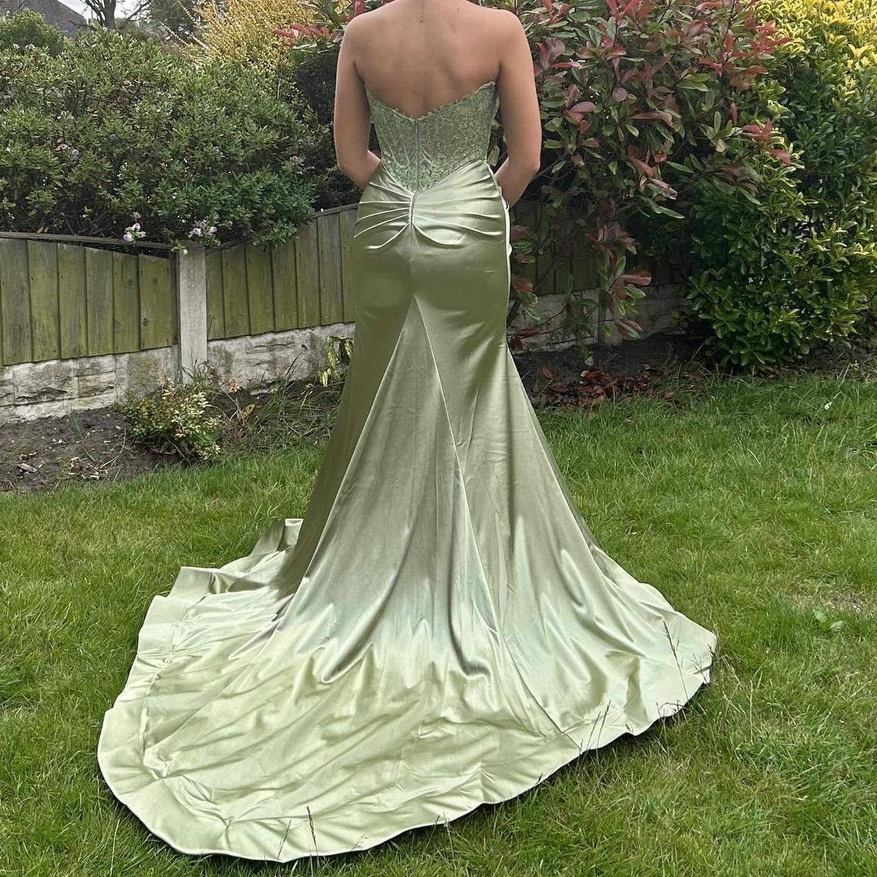 long green casual dress Elegant Strapless Silver Beaded Mermaid Olive Green Satin Floor length Prom Dresses main image 0