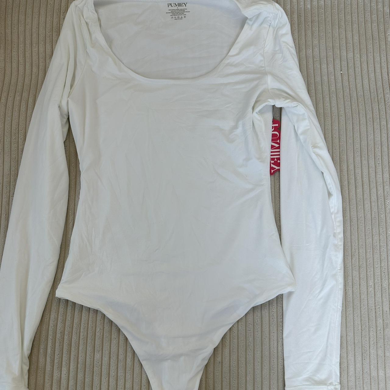 Knot Front Long Sleeve Bodysuit - White & Thong - PUMIEY – Pumiey