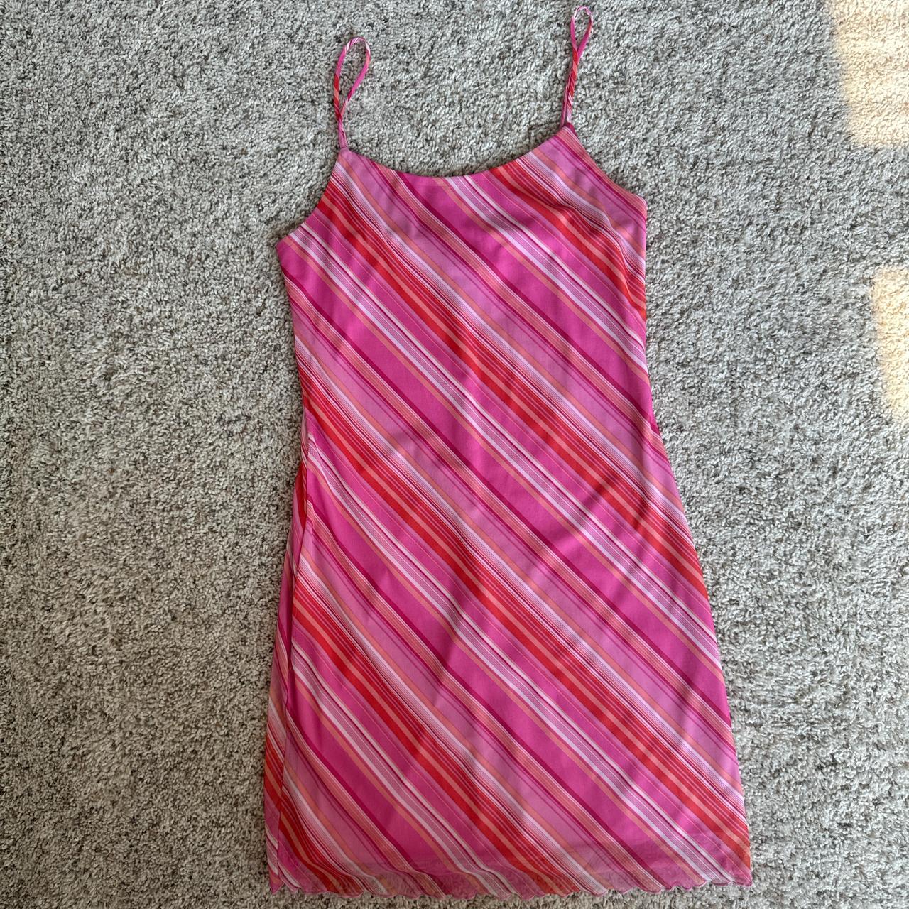 2000s Rue 21 pink, orange and white striped mesh... - Depop