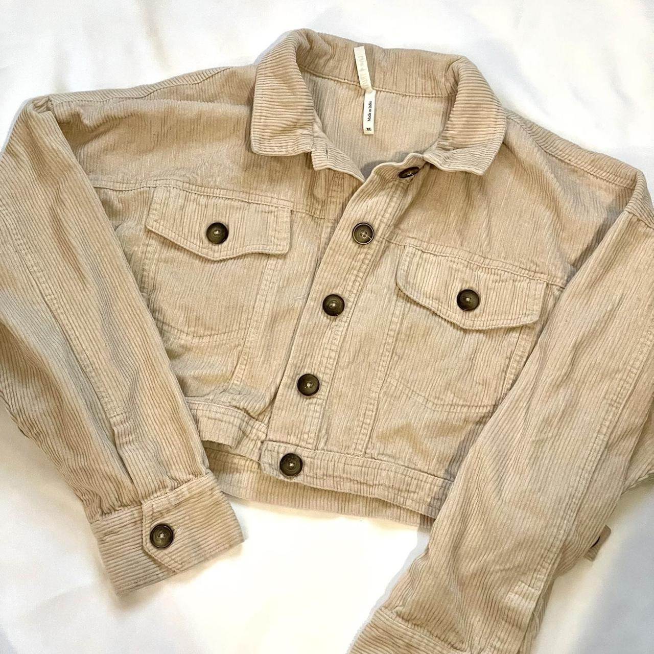 corduroy tan button up jacket cropped... - Depop