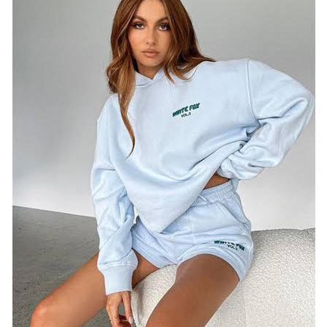 discontinued pale blue volume white fox hoodie,