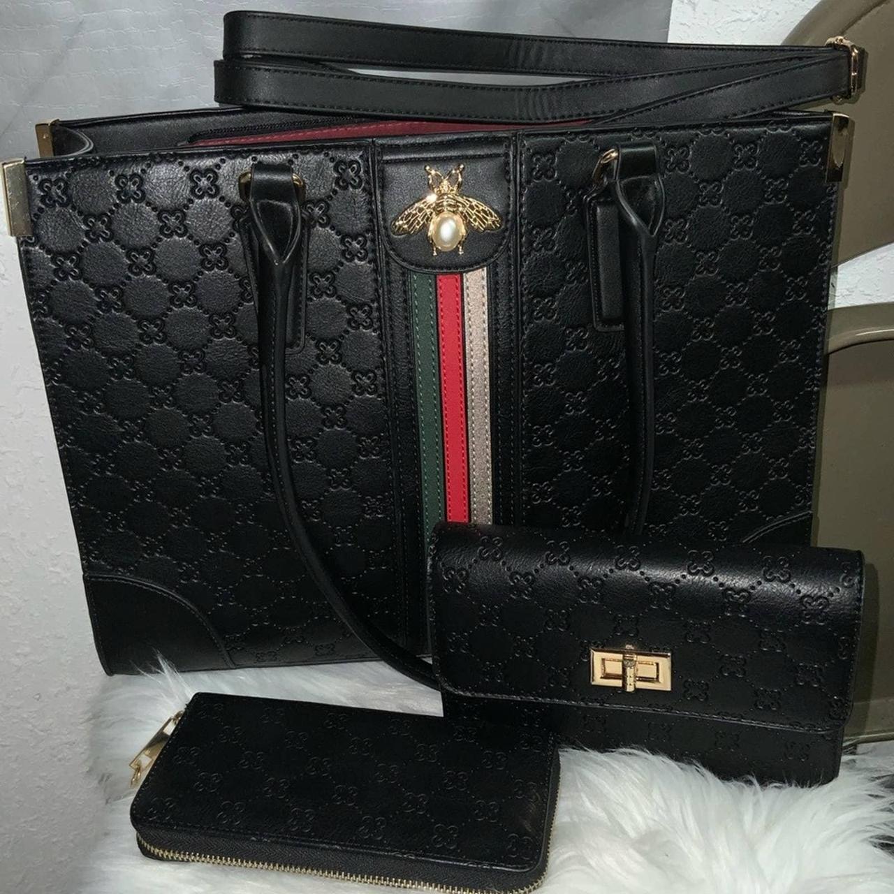 Women's 3 Pc Satchel Crossbody Handbag Leather W/Wristlet Black