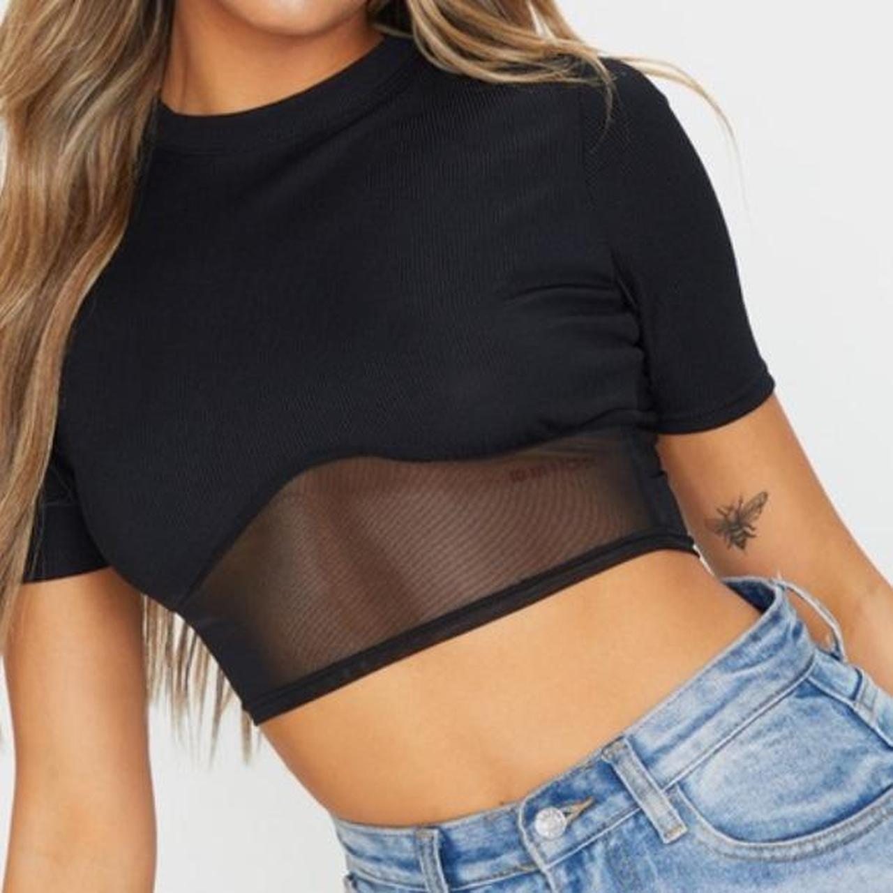 Black Crop Top with Mesh Sleeves