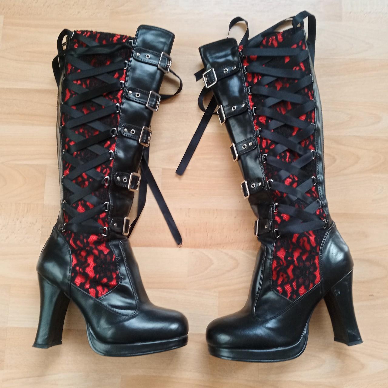 Demonia red and black under the knee boots Lace up... - Depop