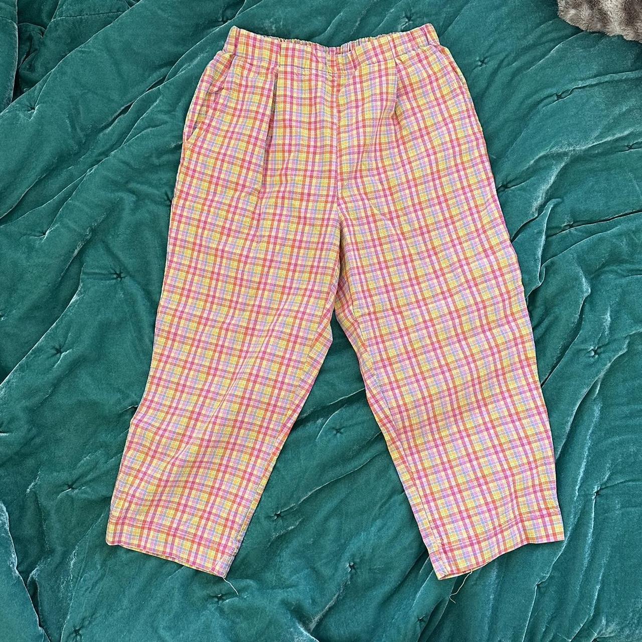 Women's Pink and Yellow Trousers | Depop