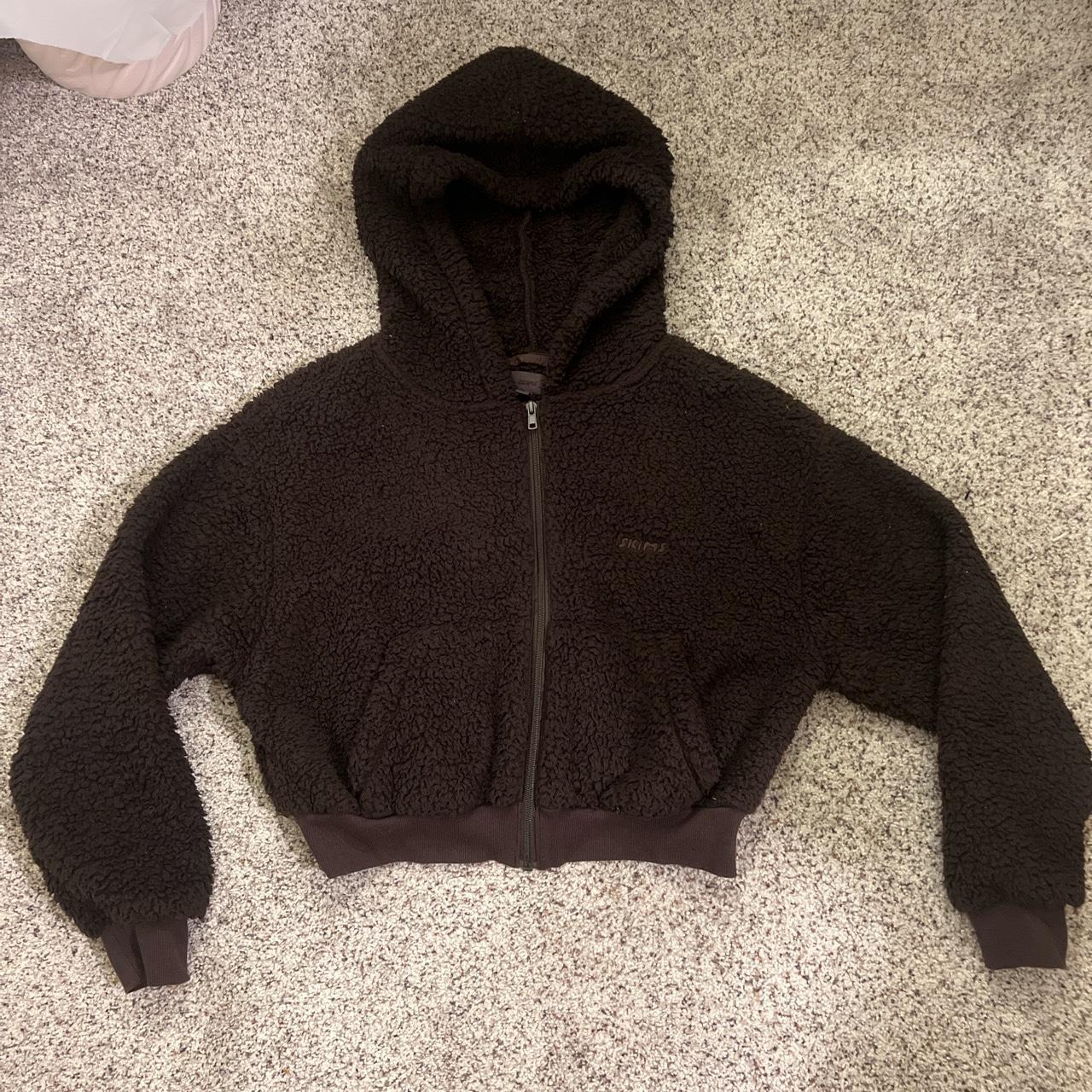 Dark brown SKIMS Teddy hooded zip up sweater - XS - Depop