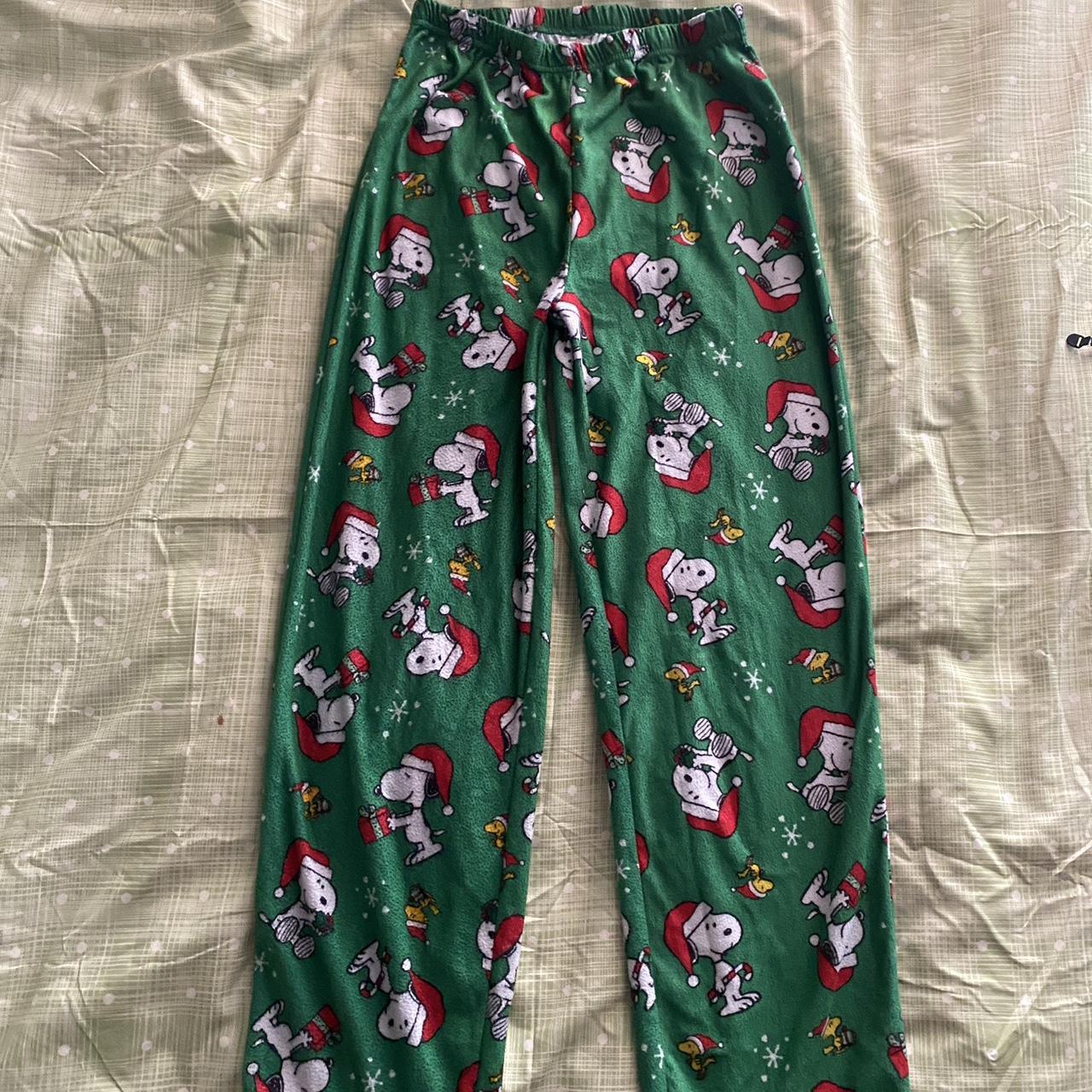 green peanuts pajama pants, fits very tight, snoopy... - Depop