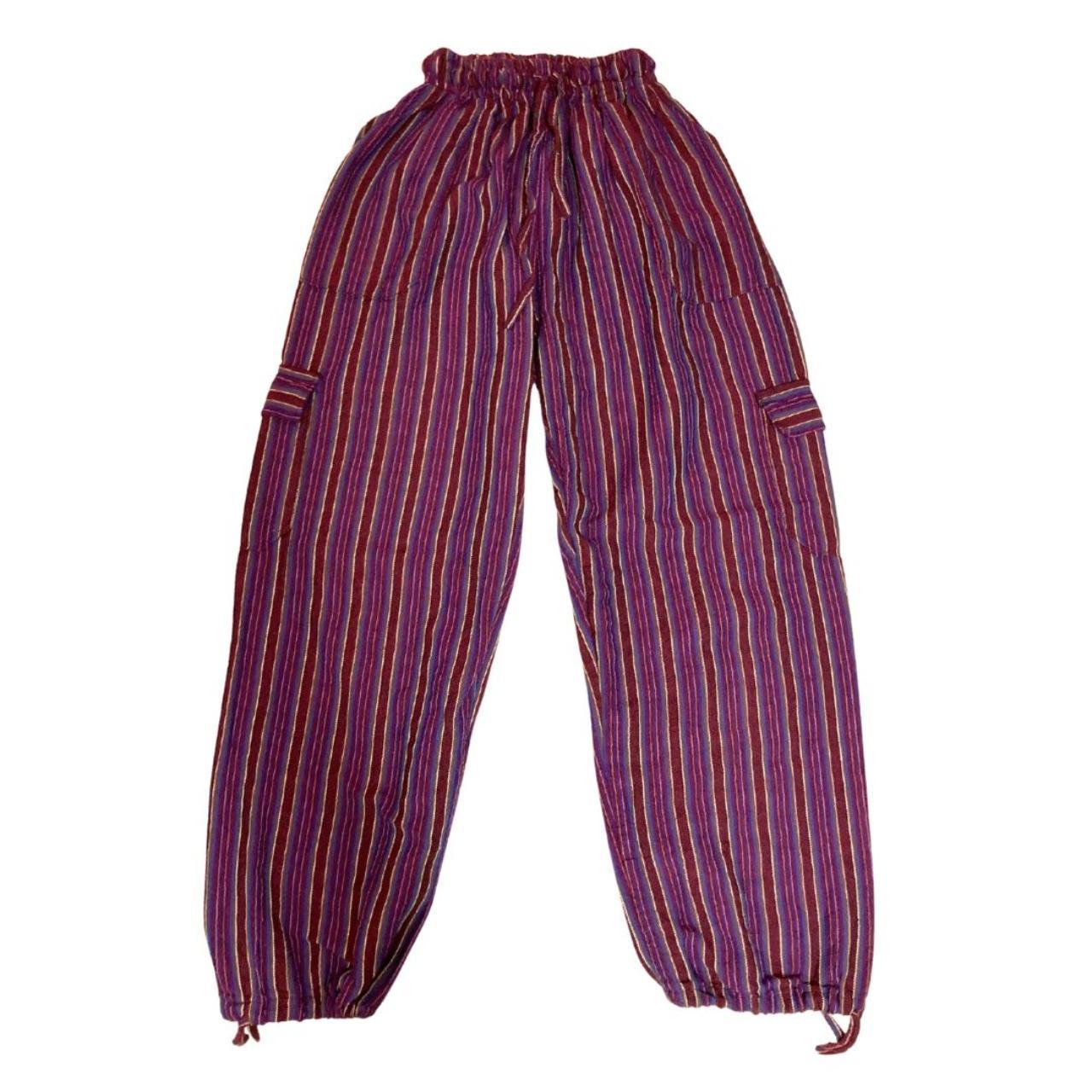 purple and yellow striped hippie pants with... - Depop