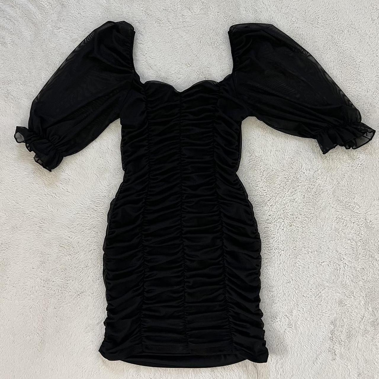 Black mini ruched dress with puff sleeve Super - Depop