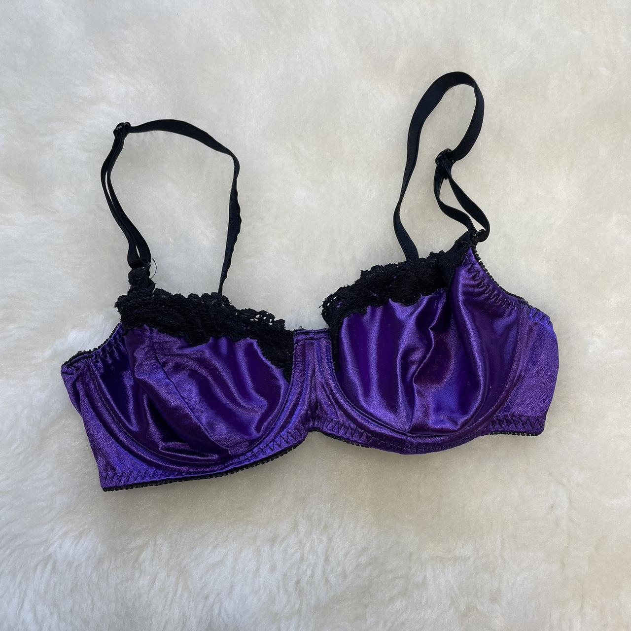 vintage satin bra , - purple with black lace , 