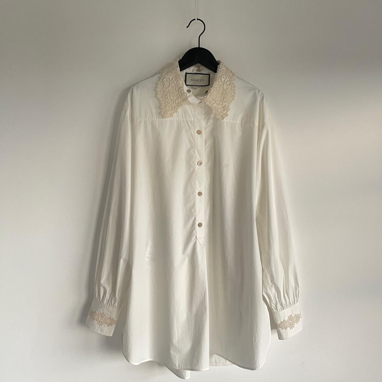 GUCCI White Embroidered Lace Trim Shirt IT... - Depop