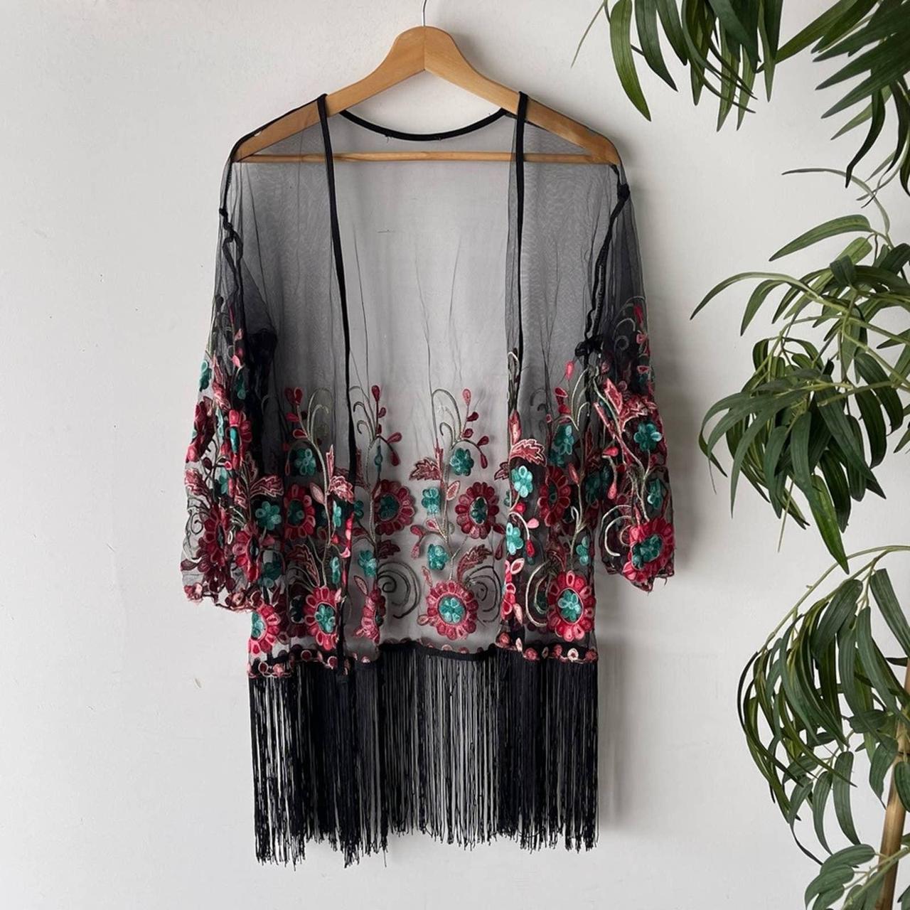 Sheer Floral Fringe Kinono About this item: Title:... - Depop