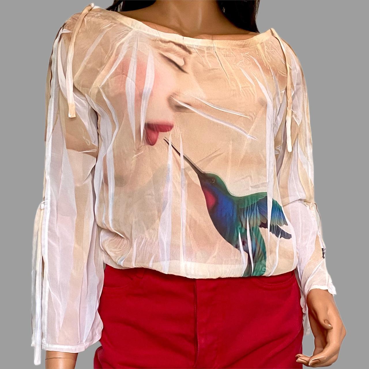 Vintage Blouse Semi-Sheer with Hummingbird , Love