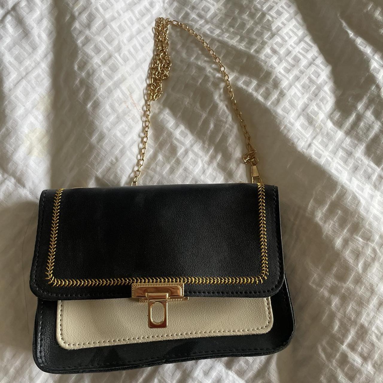 black, cream, gold cross body bag with gold chain... - Depop