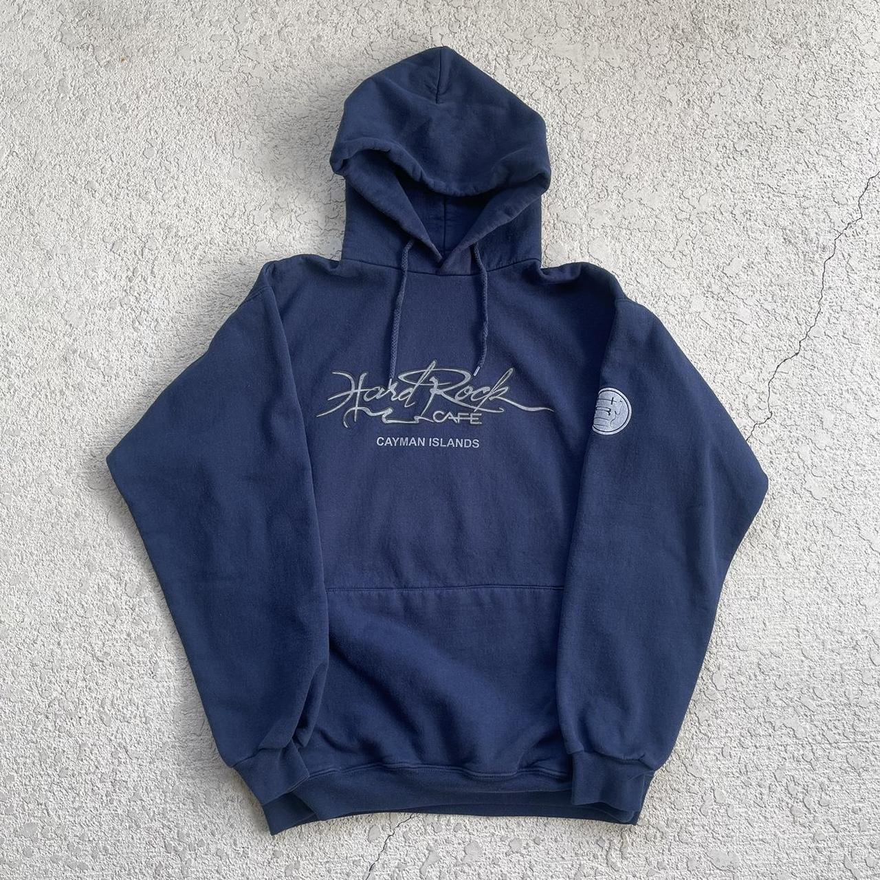 Hard Rock Cafe Men's Navy and Silver Hoodie | Depop