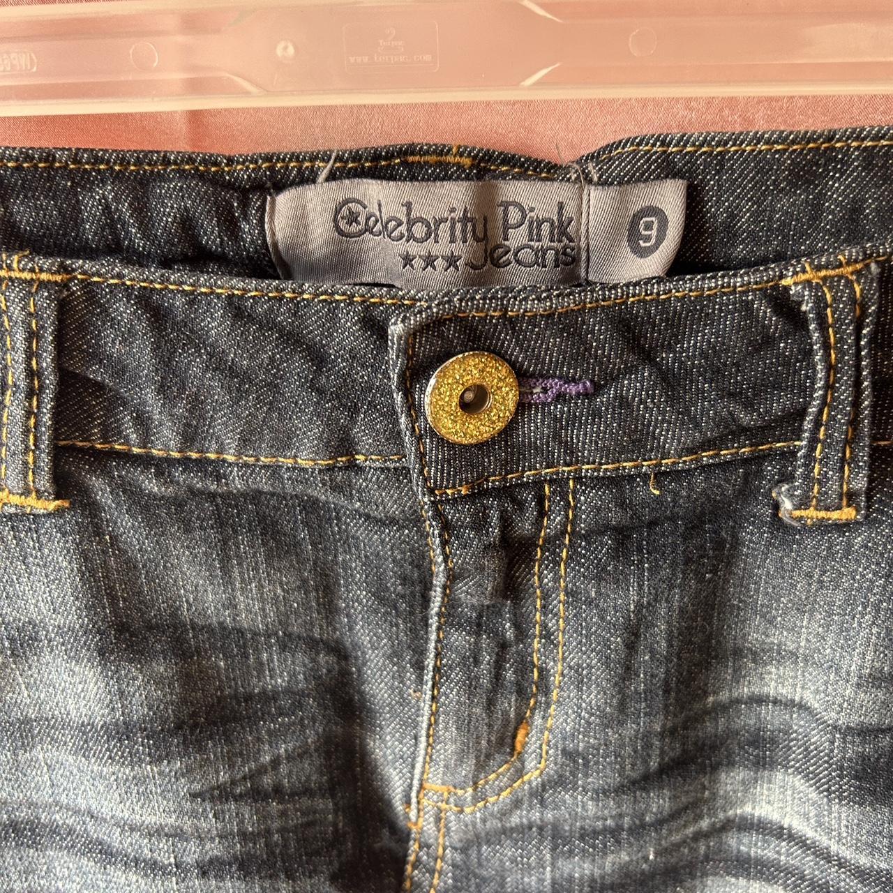 Y2k celebrity pink denim bedazzled mini... - Depop