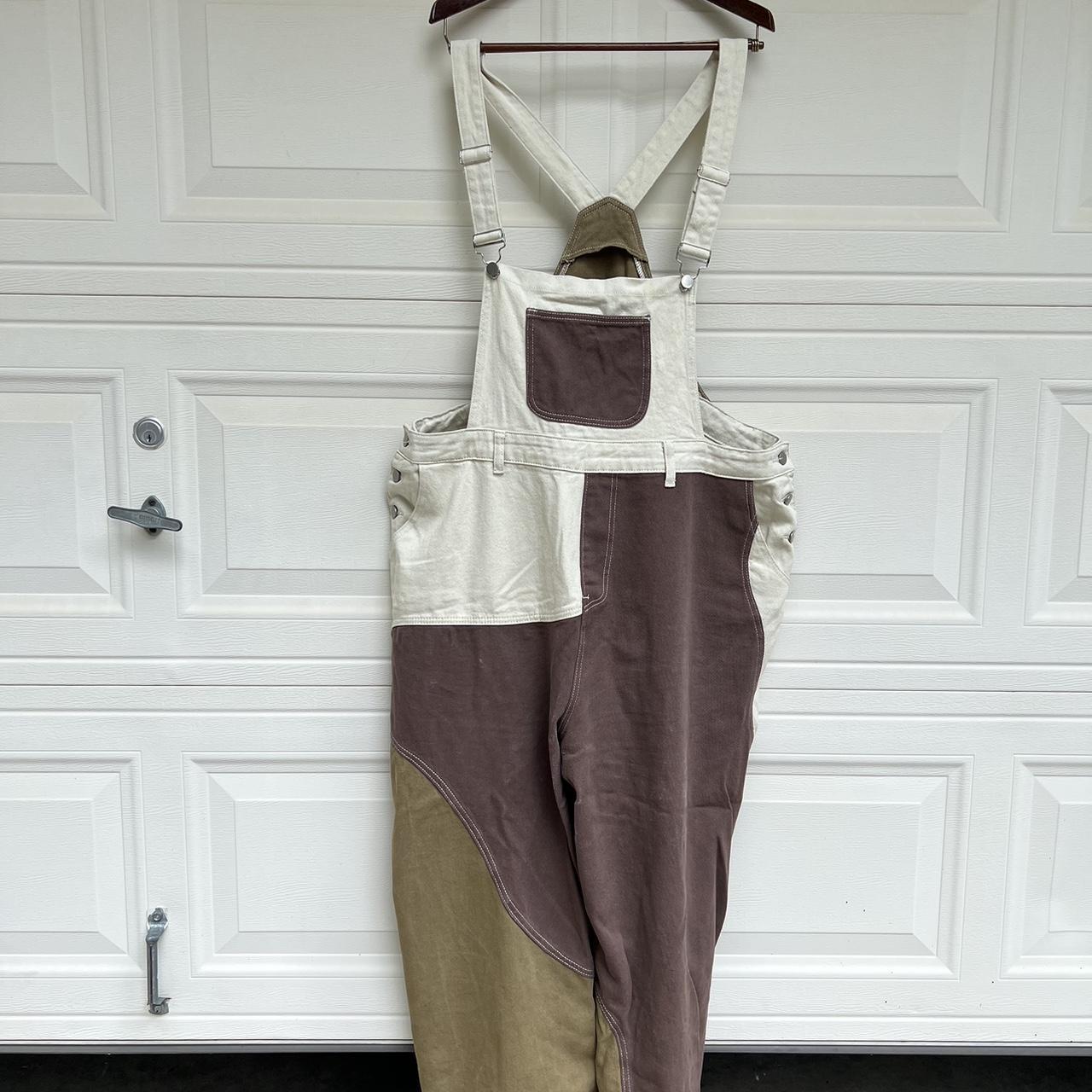 Cider Women's Cream and Brown Dungareesoveralls Depop