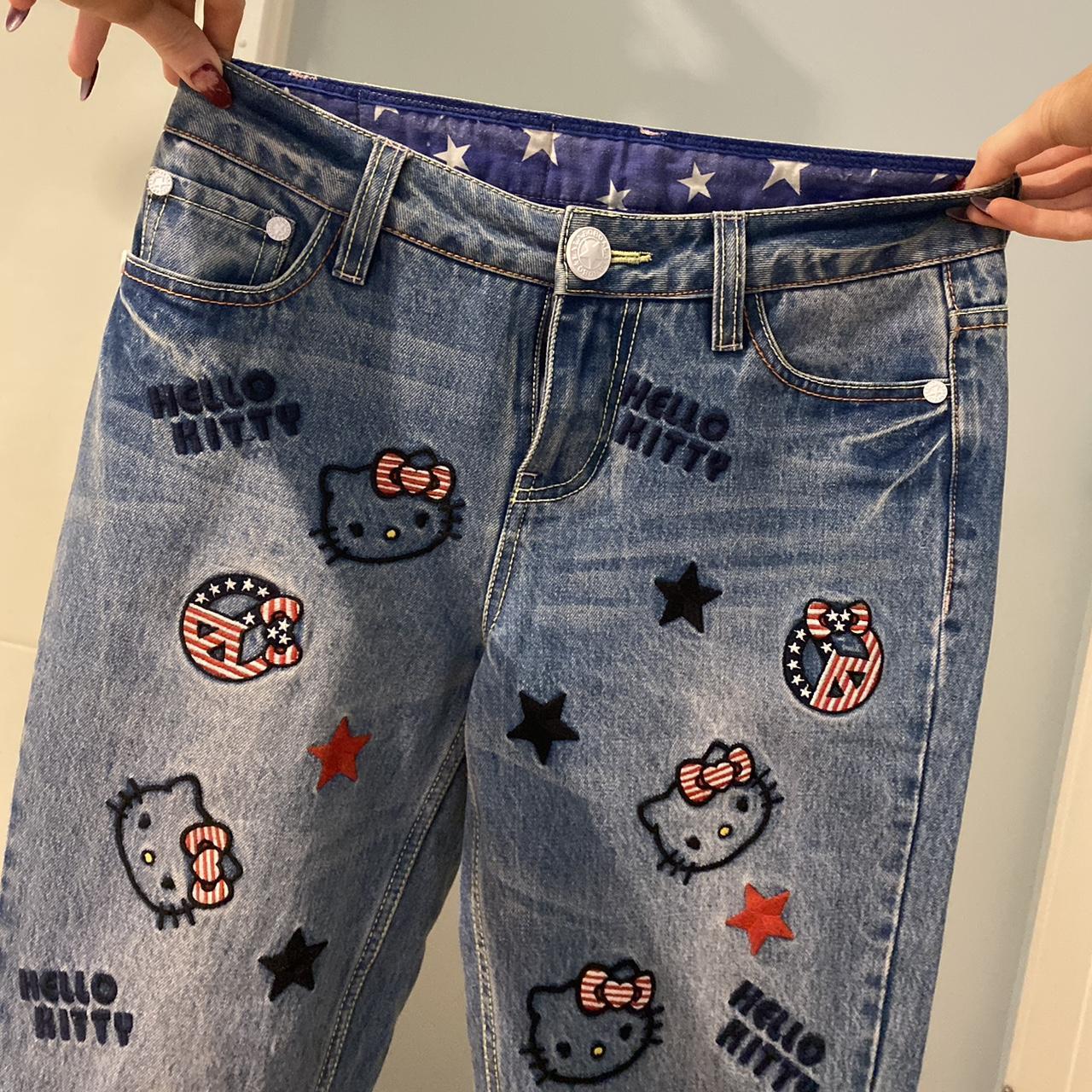 amazing hello kitty jeans!! size 8, thrifted but in... - Depop