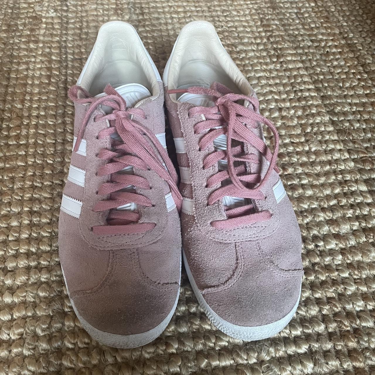 Pink and white Adidas Gazelle sneakers in old. Depop