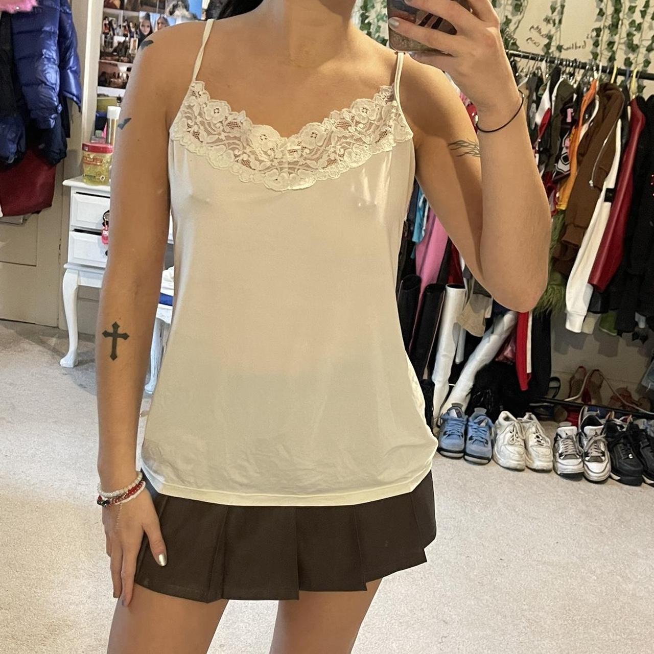Vintage white lace trim cami top Really stretchy so... - Depop