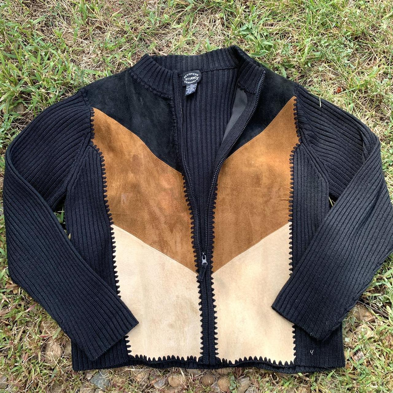 vintage leather patchwork knit zip up sweater by... - Depop