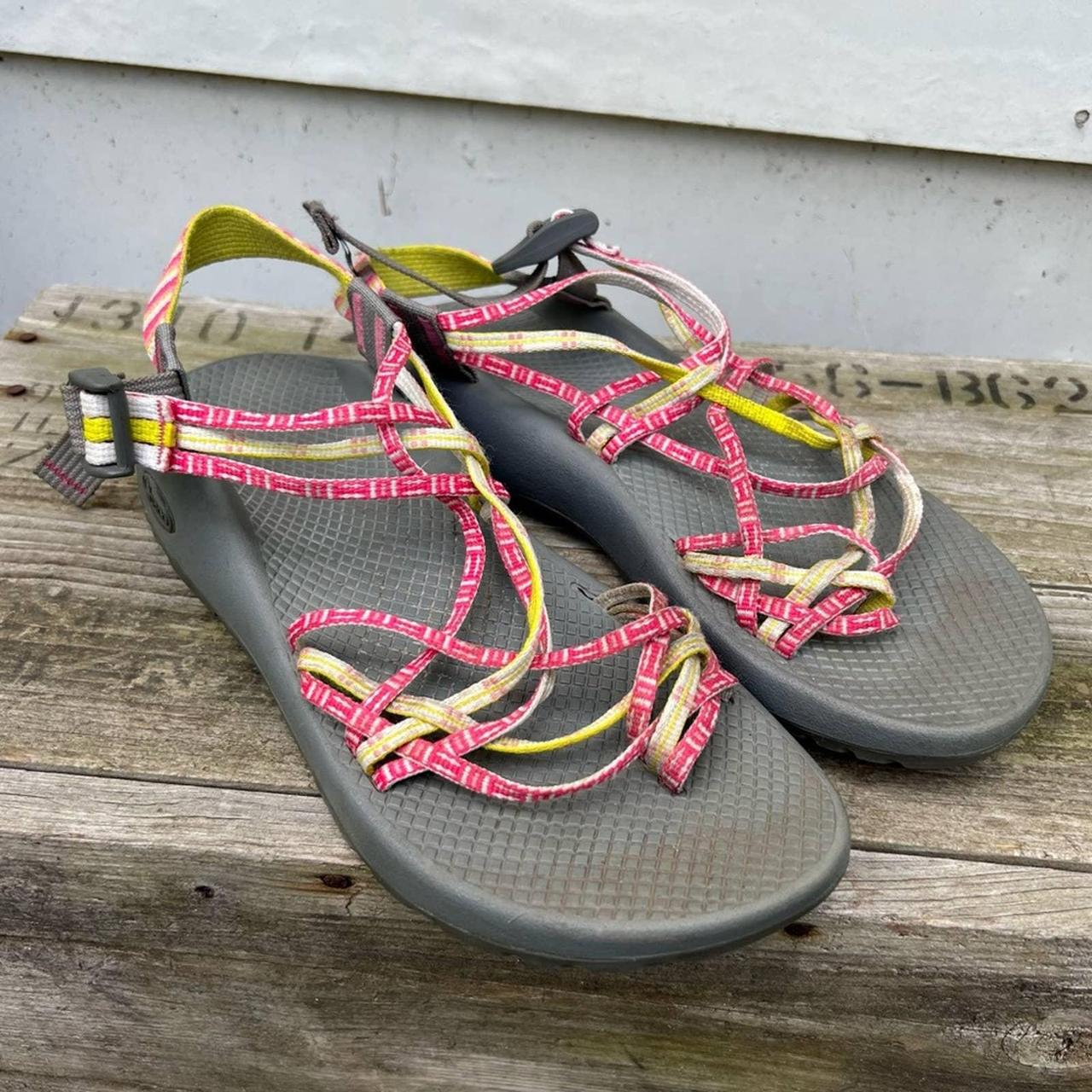 Chaco ZX3 pink yellow triple strap sandals Style Depop