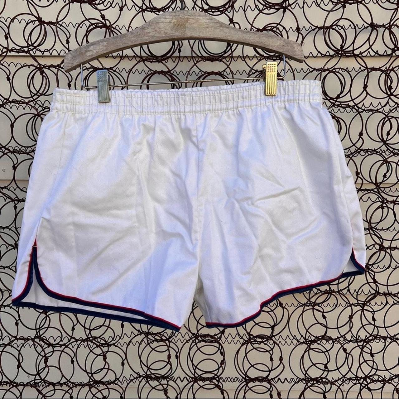 Vintage white online with red and blue trim shorty basketball shorts