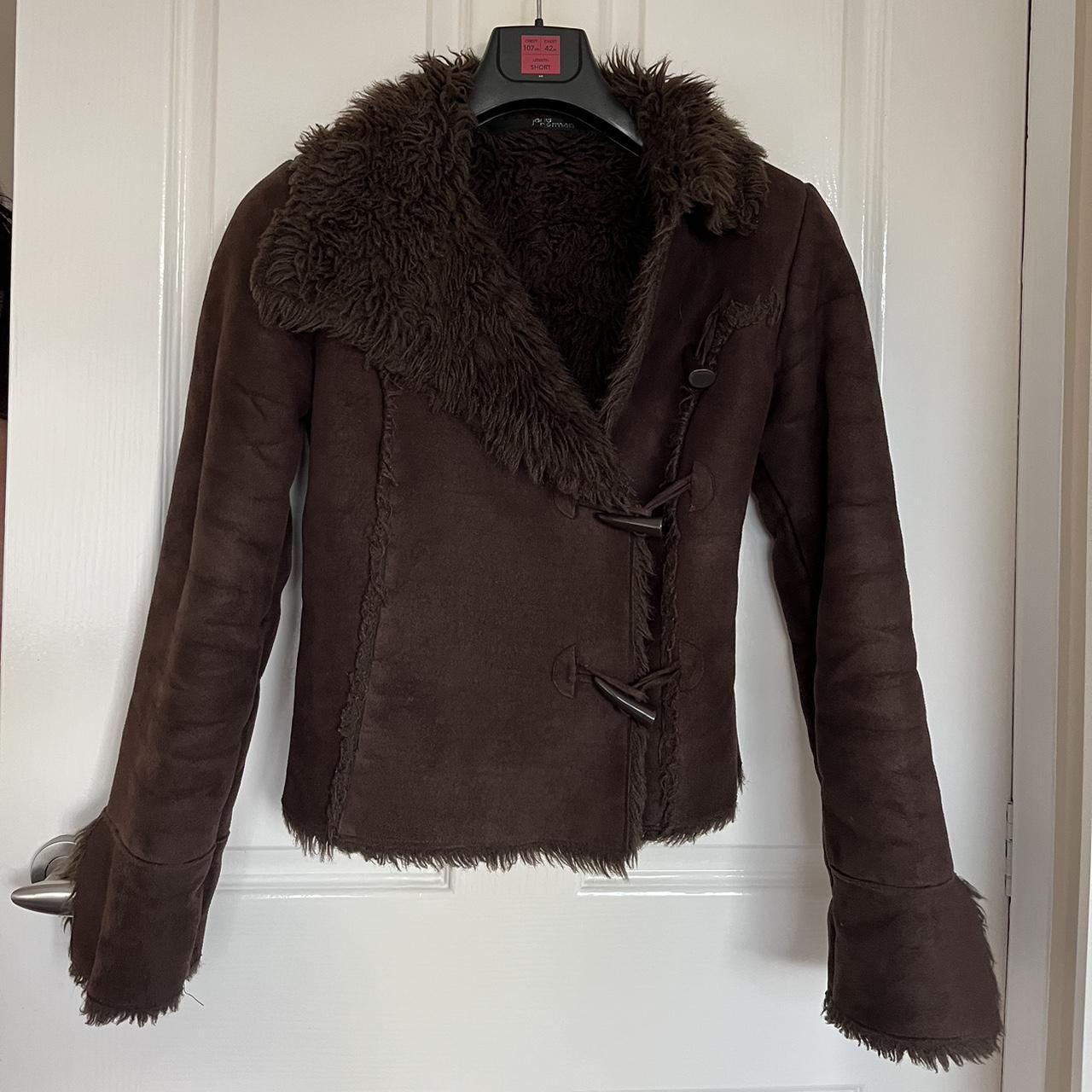 Vintage Afghan y2k brown coat buckle detail faux fur... - Depop