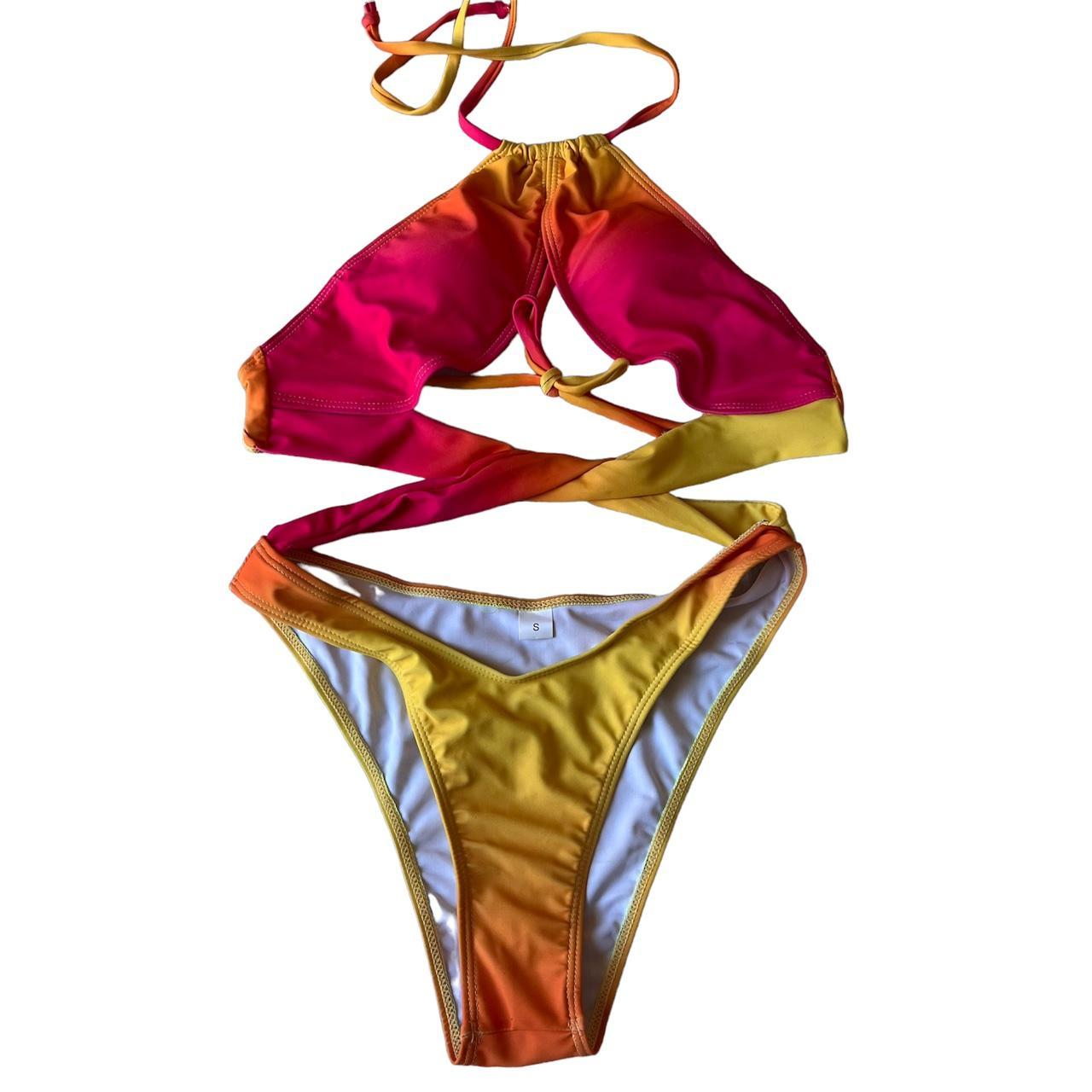 Women's Yellow and Pink Swimsuitonepiece Depop