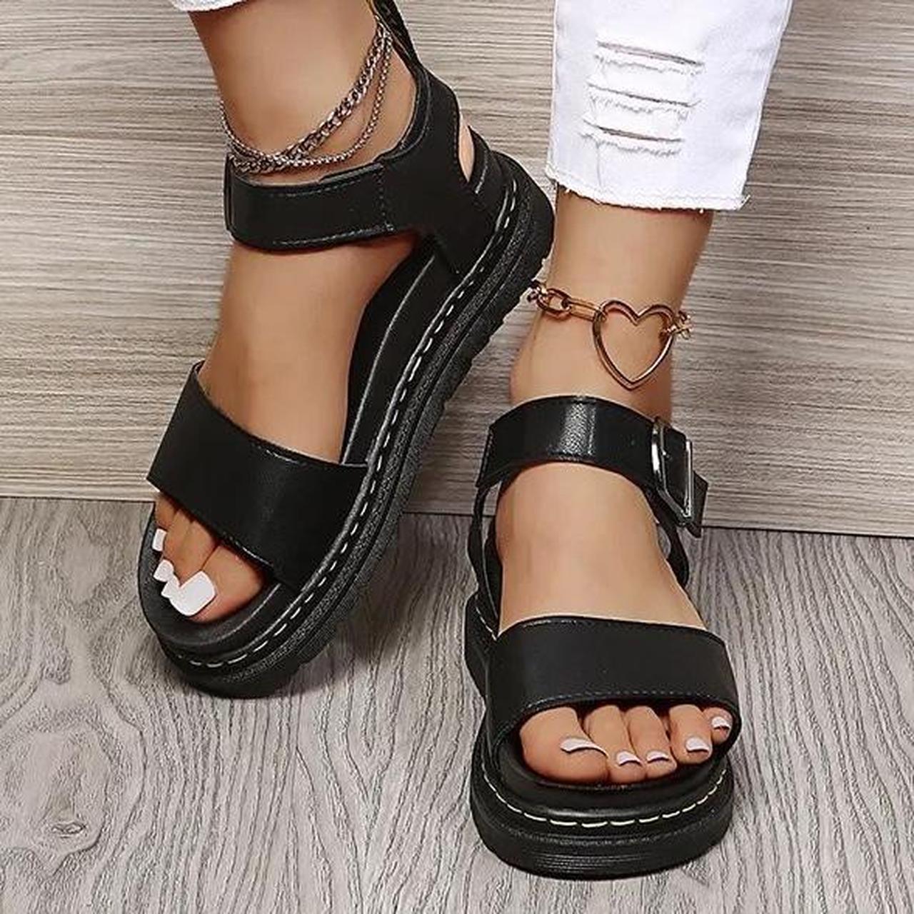 Black faux leather chunky open toe sandals... - Depop