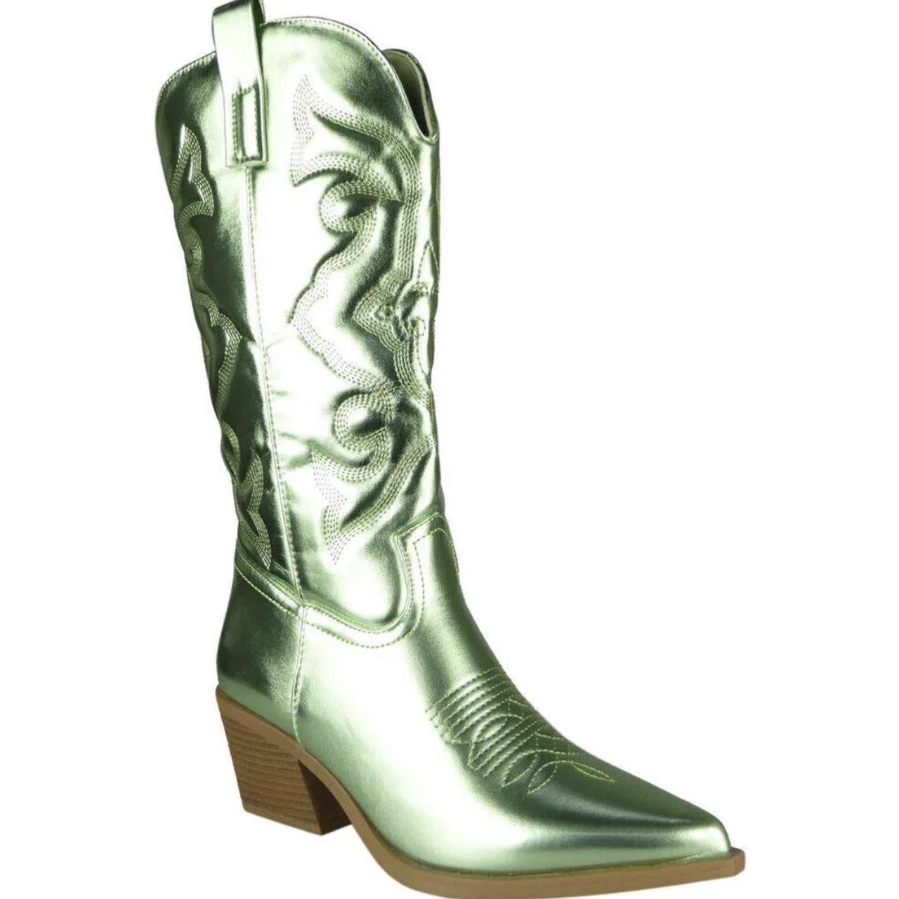 Metallic green faux leather cowboy boots Mid calf... - Depop