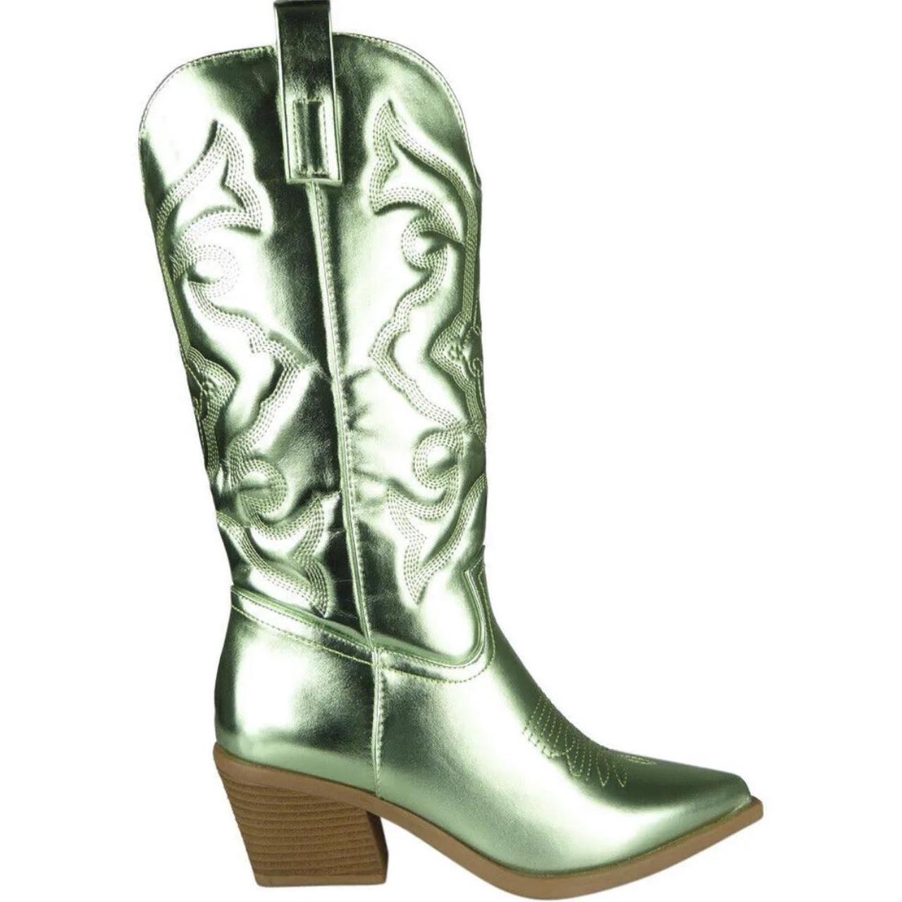 Metallic green faux leather cowboy boots Mid calf... - Depop