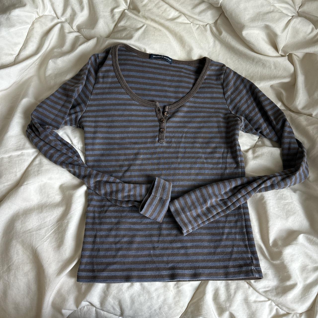 Brandy Melville blue and brown striped zelly Henley... - Depop