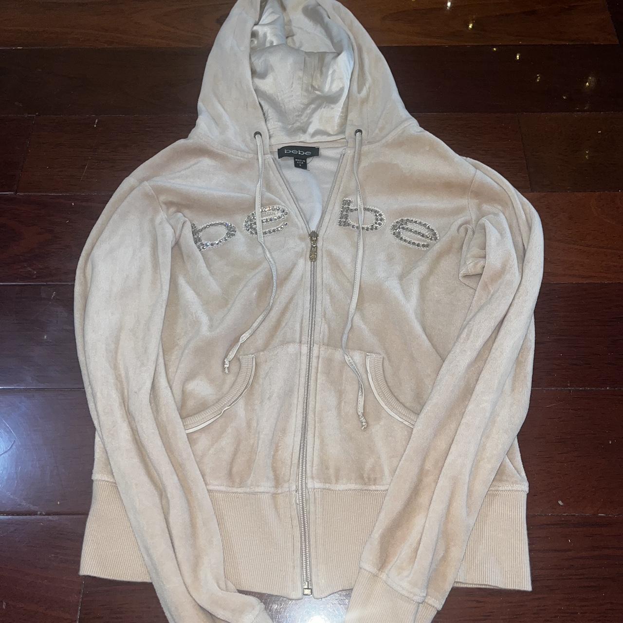 Nude bedazzled Bebe zip up size large fits more like... - Depop