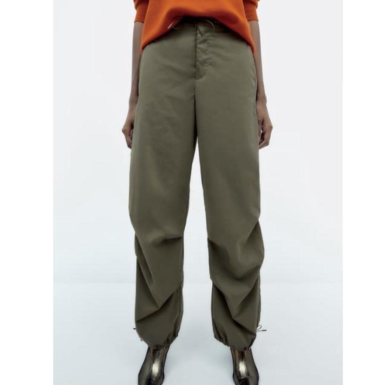 zara khaki green parachute pants/trousers size s... - Depop
